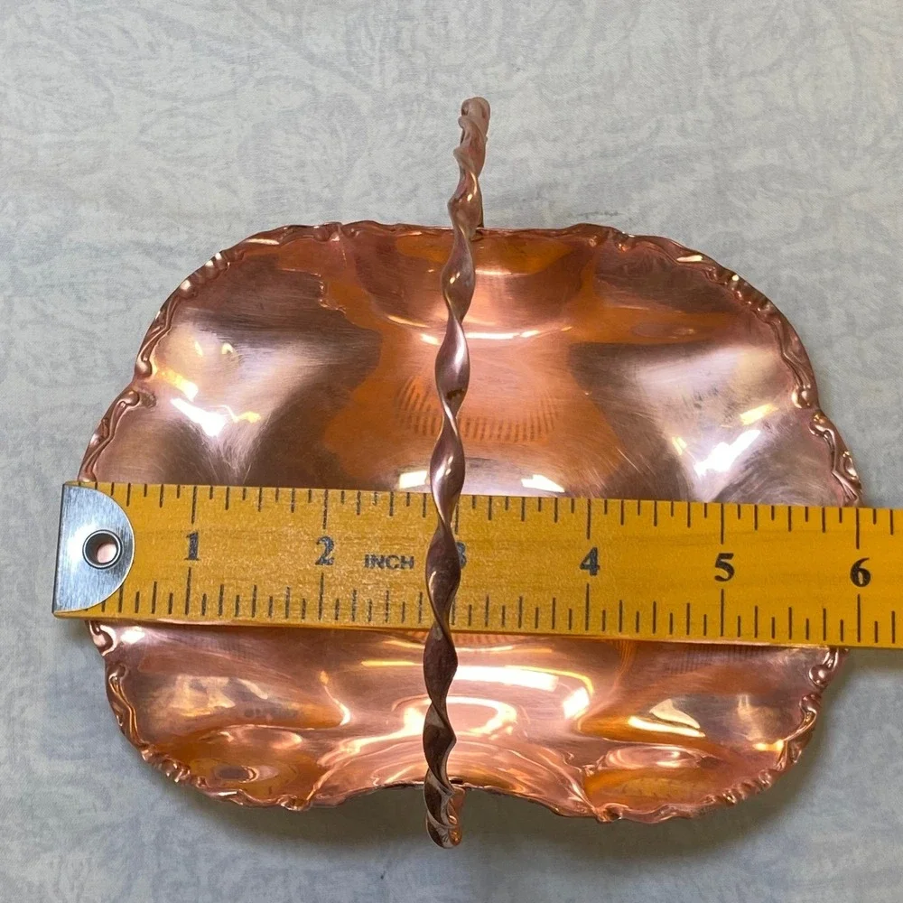 Vintage 1950s Copper Footed Basket Twisted‎ Handle Ruffled Edge Candy Dish